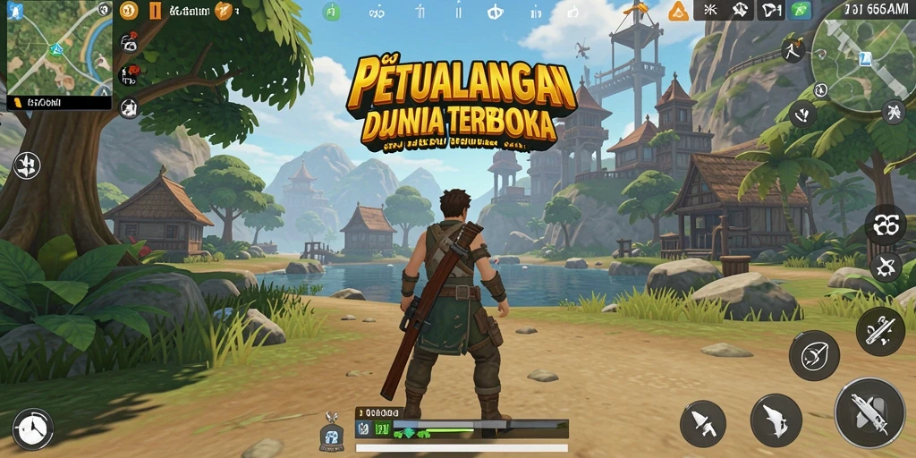 Screenshot gameplay menunjukkan petualangan seru di dunia terbuka.