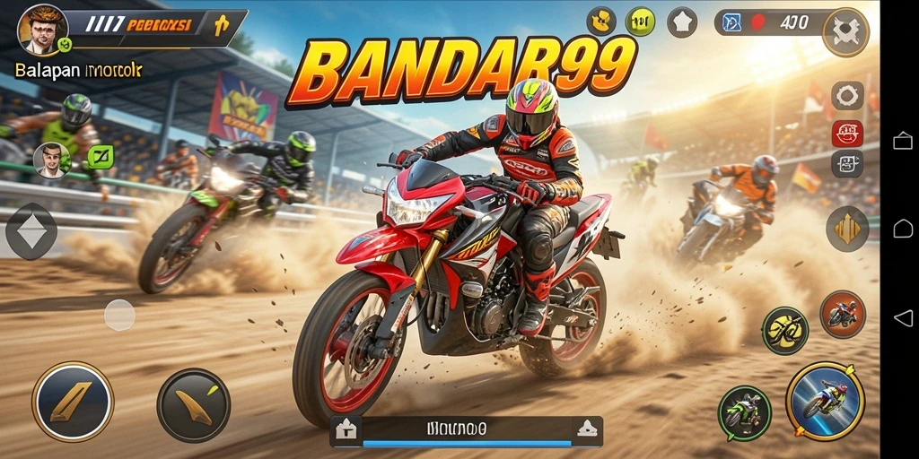 Tampilan menarik dari gameplay <strong>BANDAR99</strong> saat balapan motor di trek menantang.