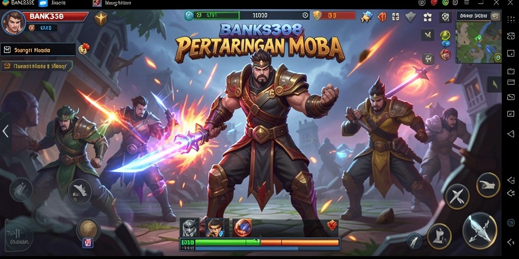 Screenshot utama BANK338 menampilkan pertempuran seru di arena MOBA.