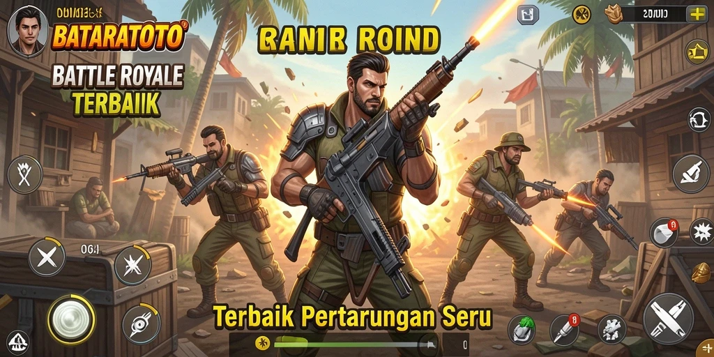 Tangkapan layar utama BATARATOTO menampilkan aksi pertempuran seru di medan perang.