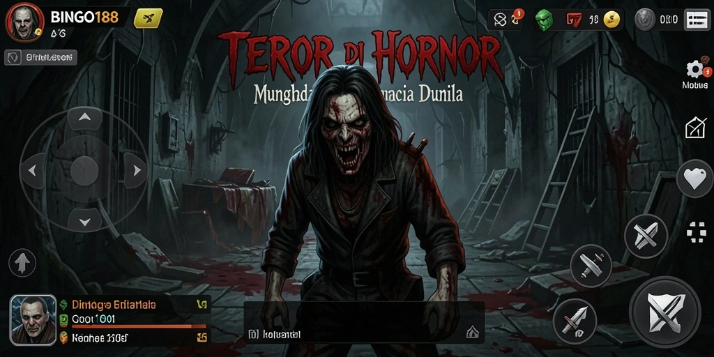 Tampilan seram gameplay BINGO188 dengan makhluk menakutkan dan desain yang mencekam.