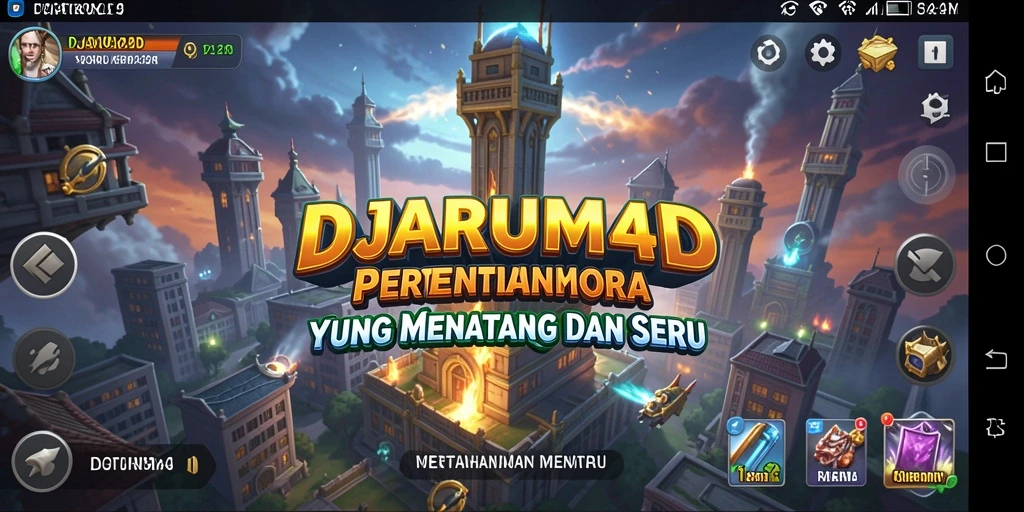 Screenshot gameplay DJARUM4D menampilkan pertahanan menara yang epik dan serangan musuh.