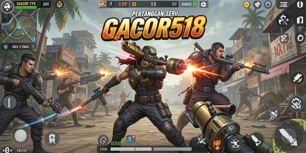 Tampilan utama GACOR518 dengan aksi pertempuran menegangkan dan karakter dinamis.