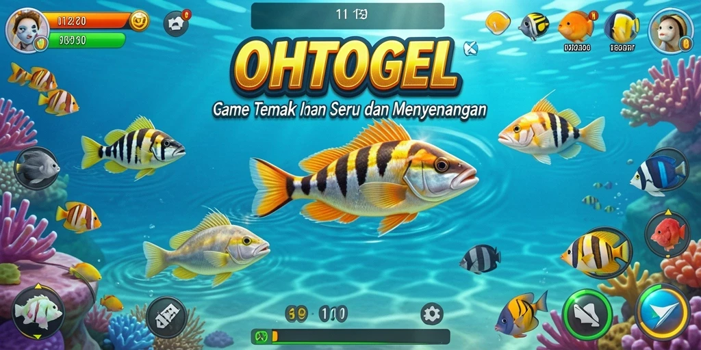 Gameplay seru OHTOGEL dengan berbagai ikan berwarna-warni.