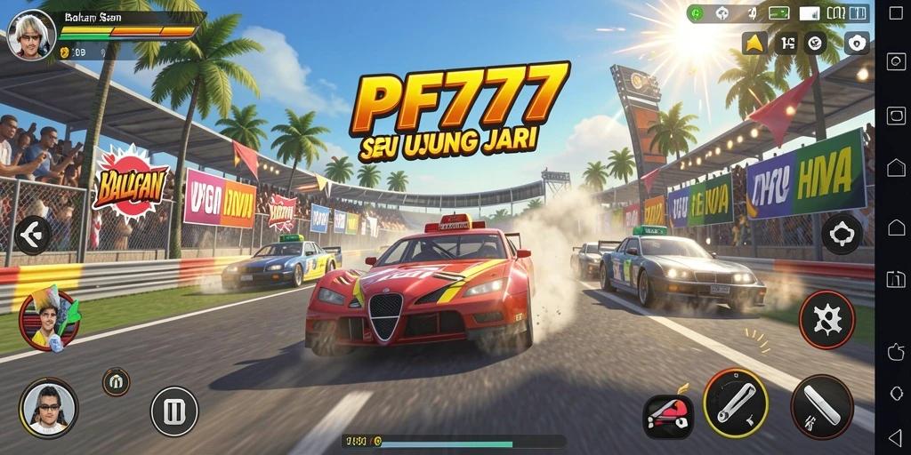 Tampilan gameplay seru di PF777 dengan mobil balap yang cepat.