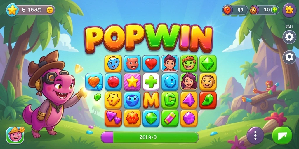 Screenshot utama POPWIN menampilkan gameplay Match-3 yang penuh warna.