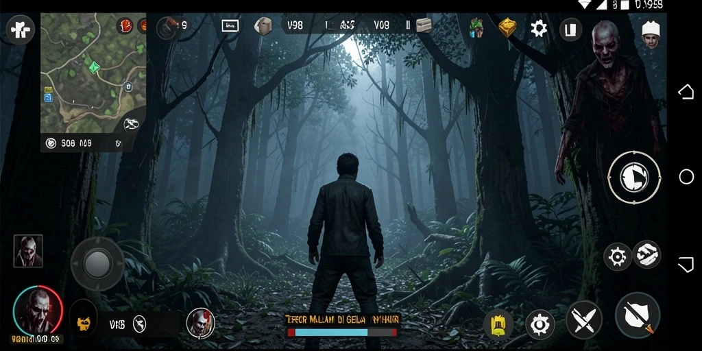 Screenshot gameplay V98 yang menunjukkan suasana mencekam di hutan.